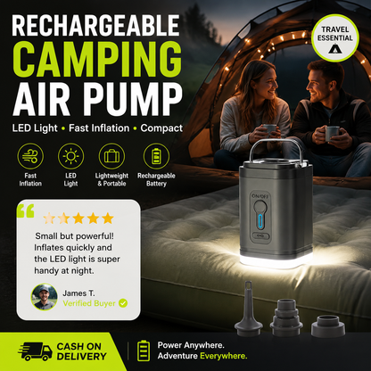 Rechargeable Camping Air Pump – LED Light, Fast Inflation, Compact –