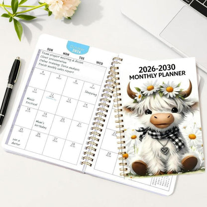 2030 Monthly Planner Cute Highland Cow 5-Year Calendar | Large Monthly Blocks for Long-Term Planning