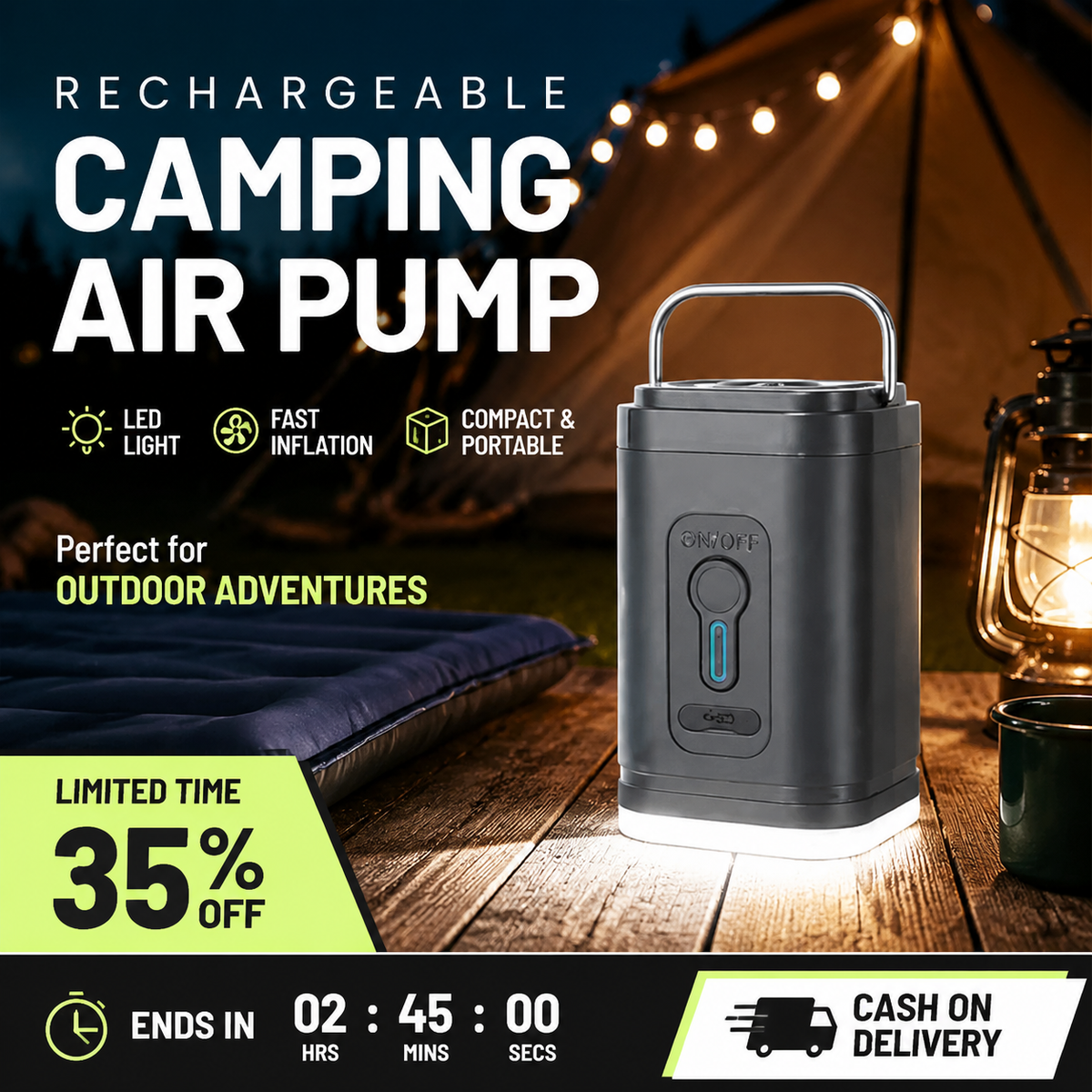 Rechargeable Camping Air Pump – LED Light, Fast Inflation, Compact –